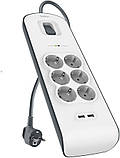 Belkin Подовжувач-фільтр мережевий 6хТип F, 3x1.5мм кв, 16А, 2xUSB-A 2.4A, з захистом від перенапруги, 2м,, фото 5