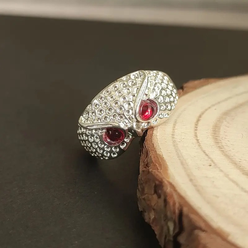 Сріблясте кільце у вигляді сови з яскравими червоними очима регульоване AurumLux321, фото 1