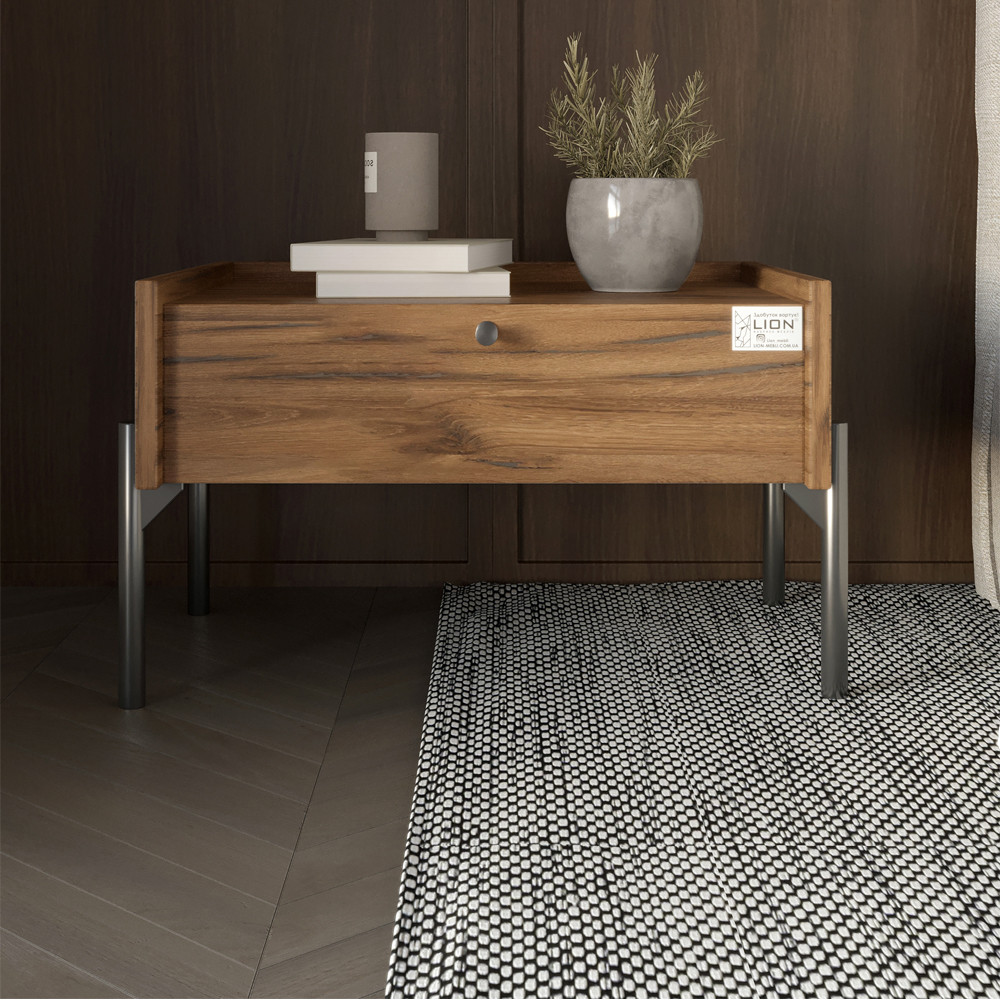 Тумба приліжкова LION Wood з однією шухлядою Дуб Ліворно (чорні ножки) (LION-041319), фото 1