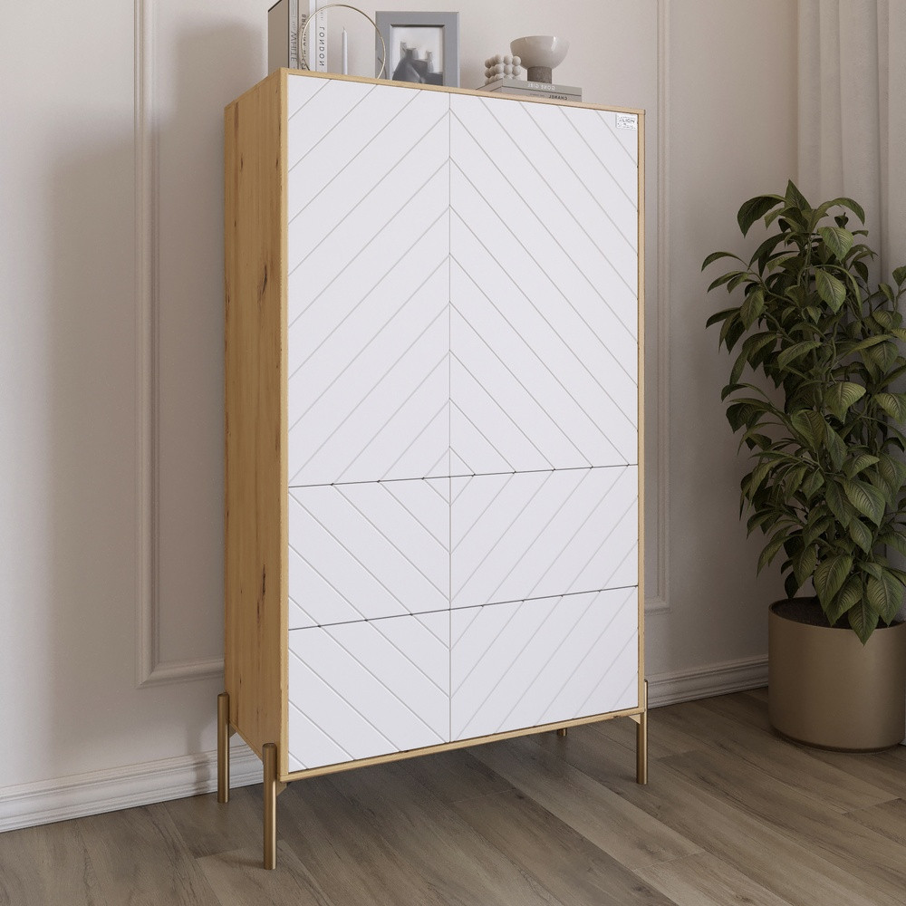 Комод-пенал з рельєфним оздобленням фасаду та золотими металевими ніжками LION Амарант 84x40x150 см Дуб Артизан/Білий, фото 1