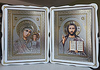 Иконы для дома под серебро в белом деревянном фигурном киоте под стеклом, размер киота 50*43,сюжет 33*46