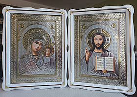 Ікони для дому під срібло в білому дерев'яному фігурному кіоті під склом, розмір кіота 50*43, сюжет 33*46