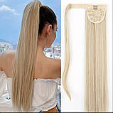 Штучний хвіст прямий шиньйон накладний на липучці у пшеничний блонд густий 65 см, фото 3