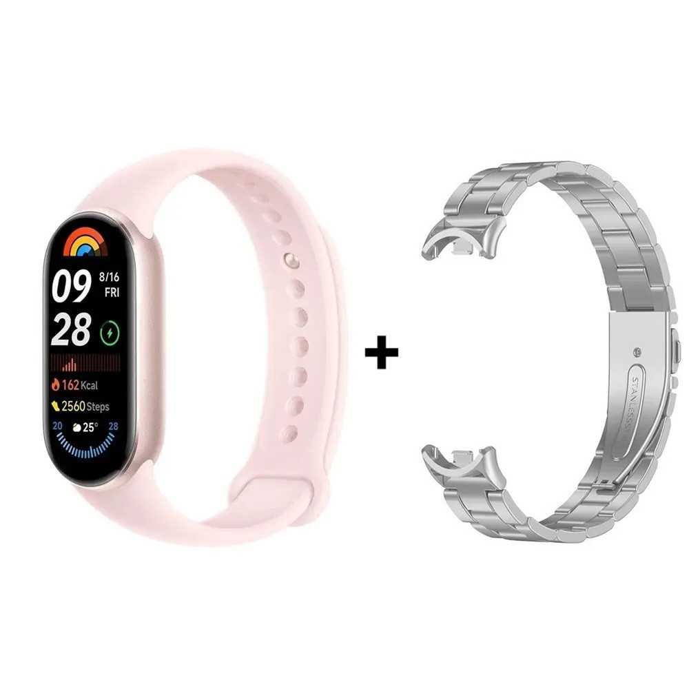 Комплект: Фітнес-браслет Xiaomi Smart Band 9 Mystic Rose + металевий ремінець Type C Silver