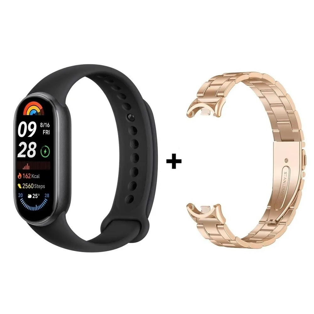 Комплект: Фітнес-браслет Xiaomi Smart Band 9 Midnight Black + металевий ремінець Type С Rose gold
