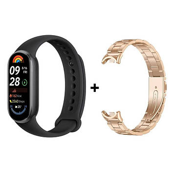 Комплект: Фітнес-браслет Xiaomi Smart Band 9 Midnight Black + металевий ремінець Type С Rose gold