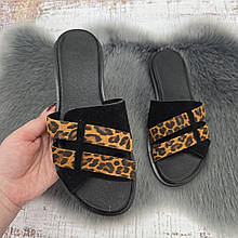 Шльопанці жіночі Sali чорні з леопардовим замшеві на плоскій підошві 4759