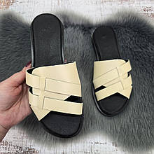 Шльопанці жіночі Sali бежеві шкіряні на плоскій підошві 4759