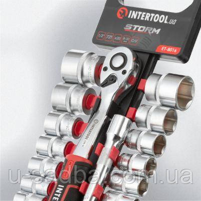 Набір головок 1/2" 8-32 мм, подовжувач, ручка з храповим механізмом 72 зуби, 20 од., Cr-V INTERTOOL ET-8016 Набір головок