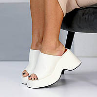 Шкіряні жіночі сабо на високій платформі шльопанці білі натуральна шкіра 38