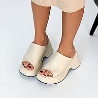 Шкіряні жіночі сабо на високій платформі шльопанці світло-бежеві натуральна шкіра 40