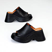 Шкіряні жіночі сабо на високій платформі шльопанці чорні натуральна шкіра 39