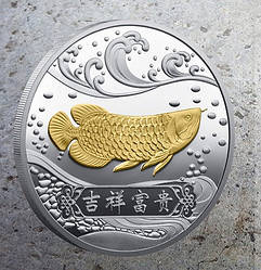 Щаслива монета "Рибка та грошовий мішок" двоколірна, монета талісман удачі та Везіння