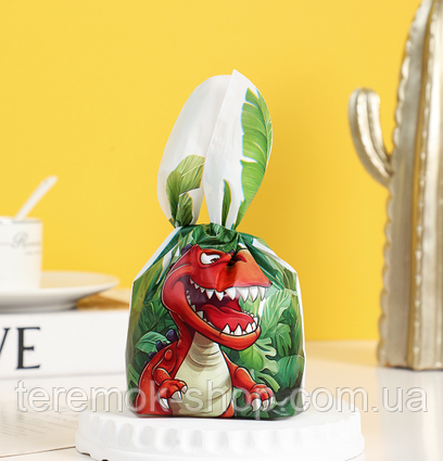 Пакети дитячі з малюнком Динозавр з вушками-зав'язками для маленьких частувань 22х13 см 10 шт