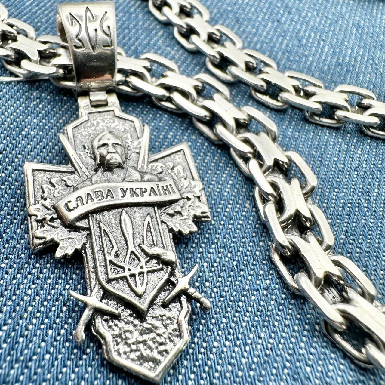 Чоловічий комплект масивний кулон ЗСУ Козак Характерник та ланцюжок подвійний якір 925 проба