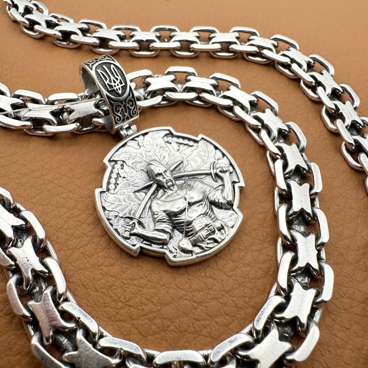 Мужской комплект кулон ВСУ Козак Характерник с гербом Украины и цепочка двойной якорь 925 проба от компании Sriblo Ukraine