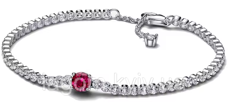 Срібний браслет тенісного дизайну в стилі PANDORA "Блискуче червоне коло з паве" 925 проба тенісний браслетик ПАНДОРА, фото 1