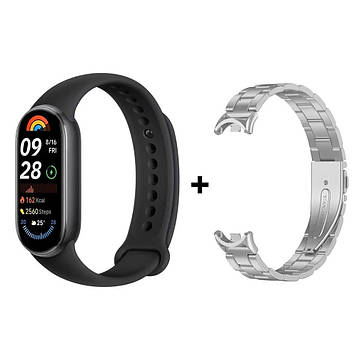 Комплект: Фітнес-браслет Xiaomi Smart Band 9 Midnight Black + металевий ремінець Type С Silver