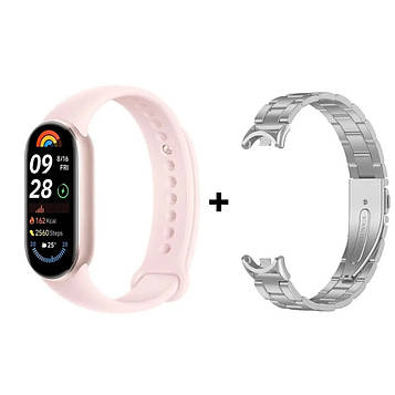 Комплект: Фітнес-браслет Xiaomi Smart Band 9 Mystic Rose + металевий ремінець Type C Silver