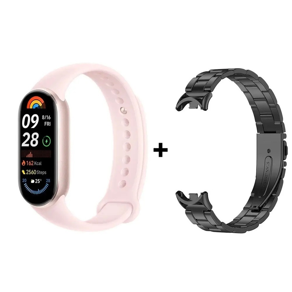 Комплект: Фітнес-браслет Xiaomi Smart Band 9 Mystic Rose + металевий ремінець Type C Black