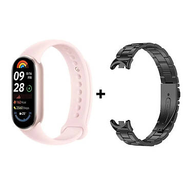 Комплект: Фітнес-браслет Xiaomi Smart Band 9 Mystic Rose + металевий ремінець Type C Black