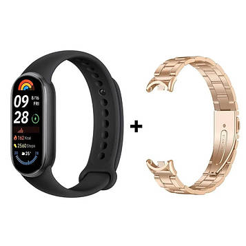 Комплект: Фітнес-браслет Xiaomi Smart Band 9 Midnight Black + металевий ремінець Type С Rose gold