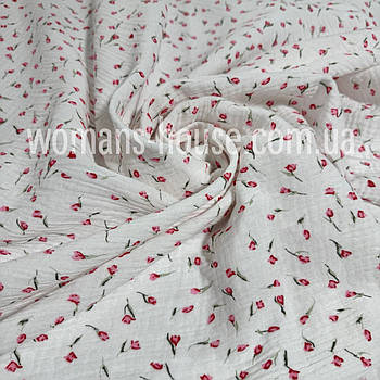 Тканина Муслін жатка двошаровий Тюльпани червоні на біло-молочному дрібні