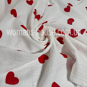 Тканина Муслін жатка двошаровий Серця 4 см на молочком