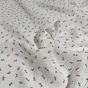 Тканина Муслін жатка принт двокроковий Тюльпан на біло молочному рожевому