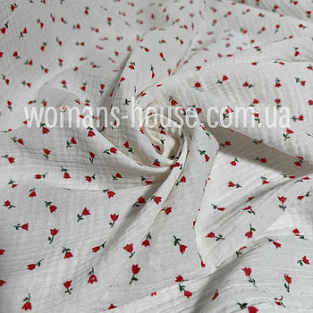 Тканина Муслін жатка двошаровий Тюльпан на біло молочному червоний