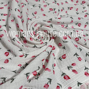 Тканина Муслін жатка двошаровий Тюльпан на біло молочному рожевому