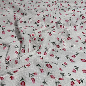 Тканина Муслін жатка принт двокроковий Тюльпан на біло молочному рожевому