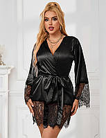 Халат черный с поясом и вставками кружева Star Night стринги в комплекте, XS/S Амур