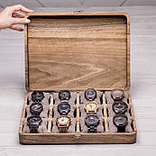 Цільна скринька органайзер для 12 годинників із дерев'яною кришкою з ініціалами Подарунки із дерева