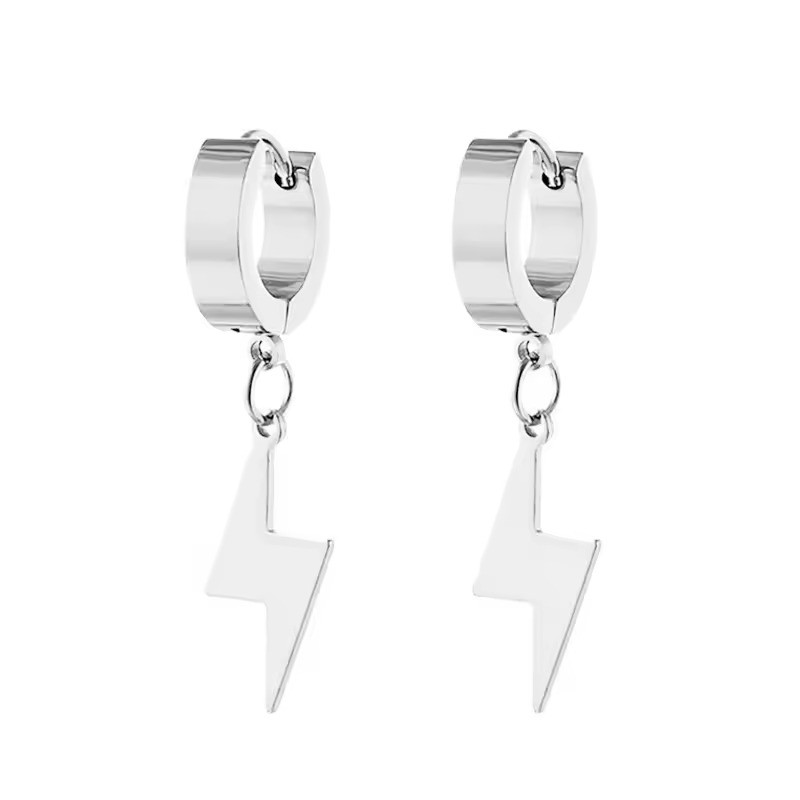 Сріблясті сережки-кольца з підвіскою блискавка зі сталі 3 см, фото 1
