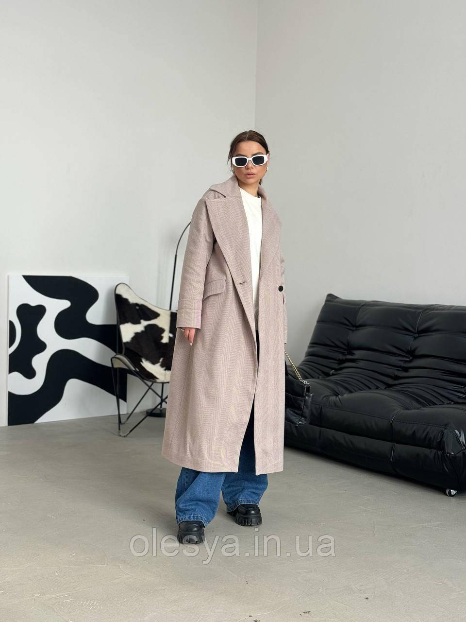 Довге демісезонне жіноче кашемірове пальто принт Ялинка Pазмер оверсайз, фото 1