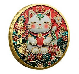 Щаслива монета "Кошка Фортуни Манеки-ніко та грошовий мішок" голд, монета талісман удачі та Везіння