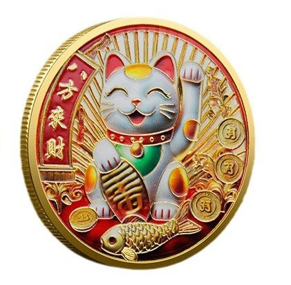 Щаслива монета "Кошка Фортуни Манеки-ніко та грошовий мішок" голд, монета удачі та Везіння, фото 1