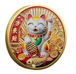 Щаслива монета "Кошка Фортуни Манеки-ніко та грошовий мішок" голд, монета удачі та Везіння