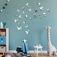 (12 шт) Набір метеликів 3D на скотчі СРІБЛО дзеркальні