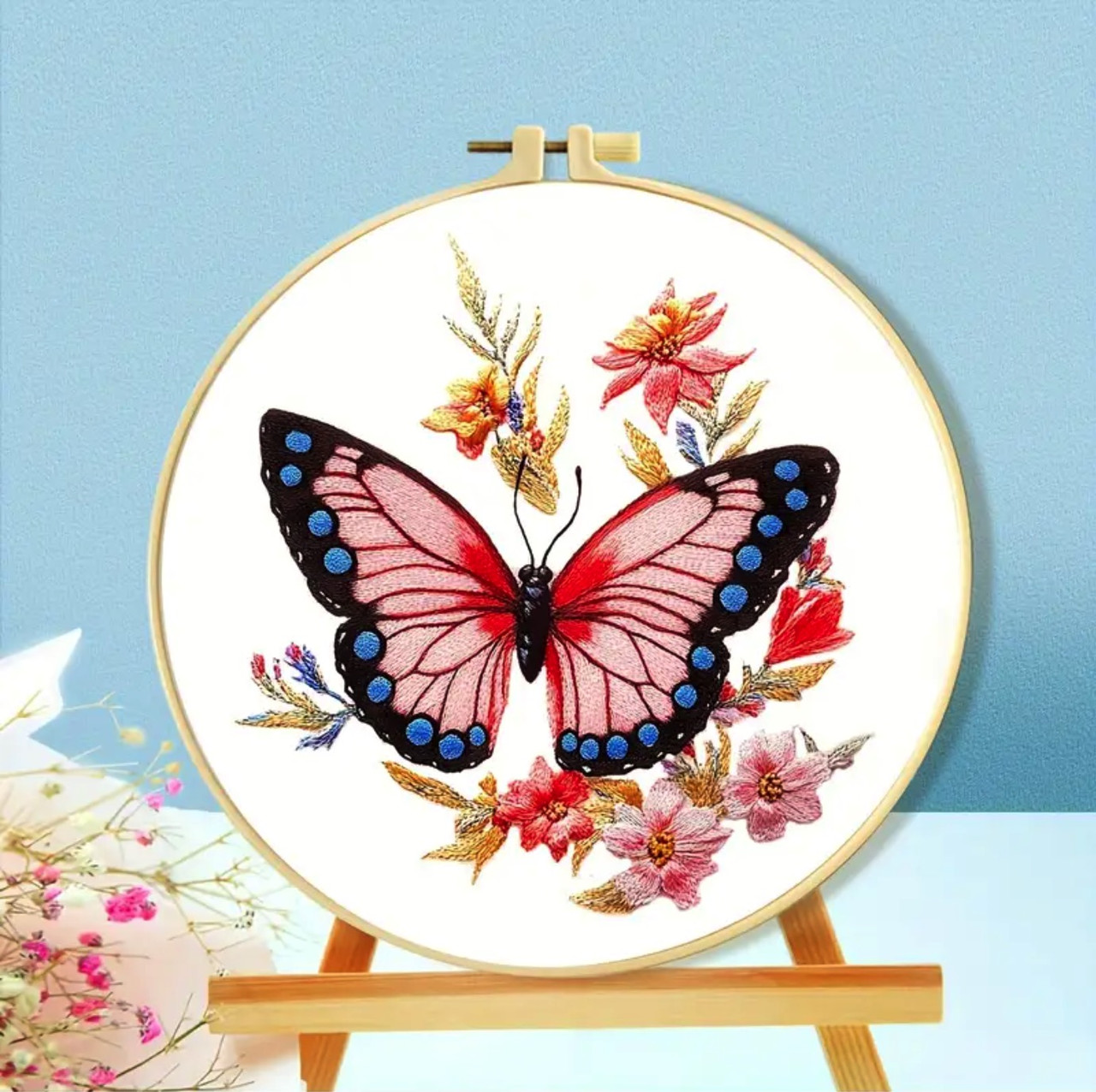 Набір для вишивання ГЛАДДЮ за нанесеним на канву контуром "Метелик 2" БЕЗ ОРУЧА. Льон, 24*24 см, фото 1