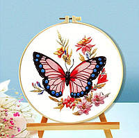 Набір для вишивання ГЛАДДЮ за нанесеним на канву контуром "Метелик 2" БЕЗ ОРУЧА. Льон, 24*24 см