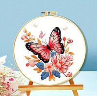 Набір для вишивання ГЛАДДЮ за нанесеним на канву контуром "Метелик 3" БЕЗ ОРУЧА. Льон, 24*24 см