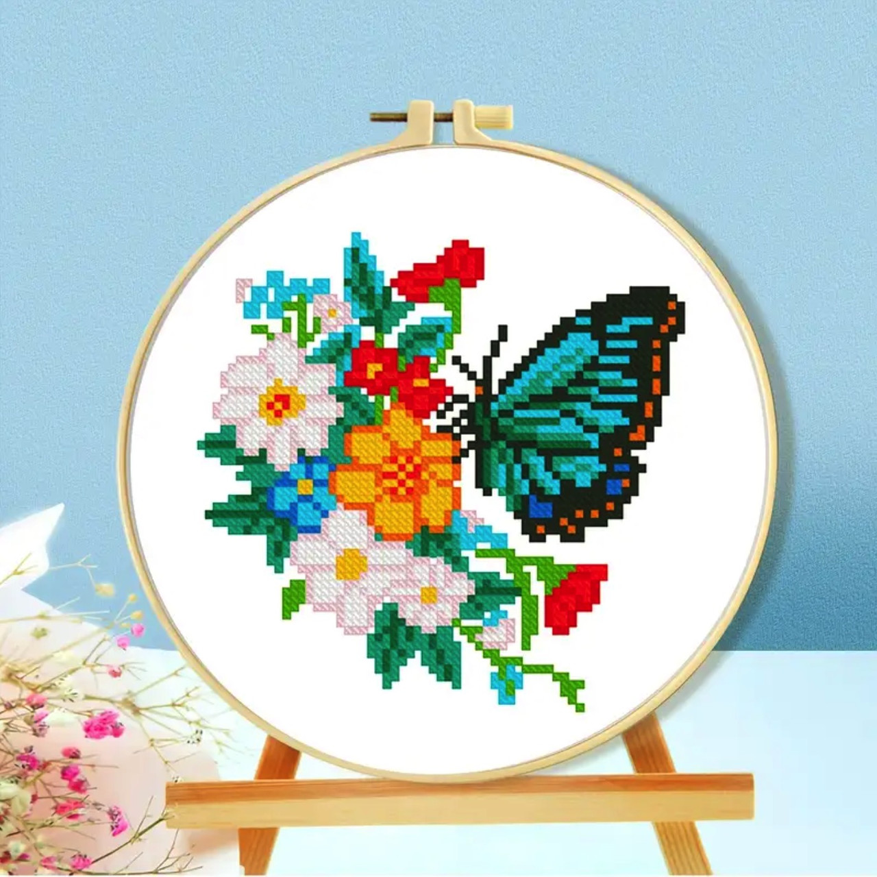 Набір для вишивання ГЛАДДЮ за нанесеним на канву контуром "Метелик 5" БЕЗ ОРУЧА. Льон, 24*24 см, фото 1