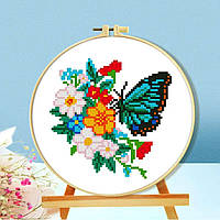 Набір для вишивання ГЛАДДЮ за нанесеним на канву контуром "Метелик 5" БЕЗ ОРУЧА. Льон, 24*24 см