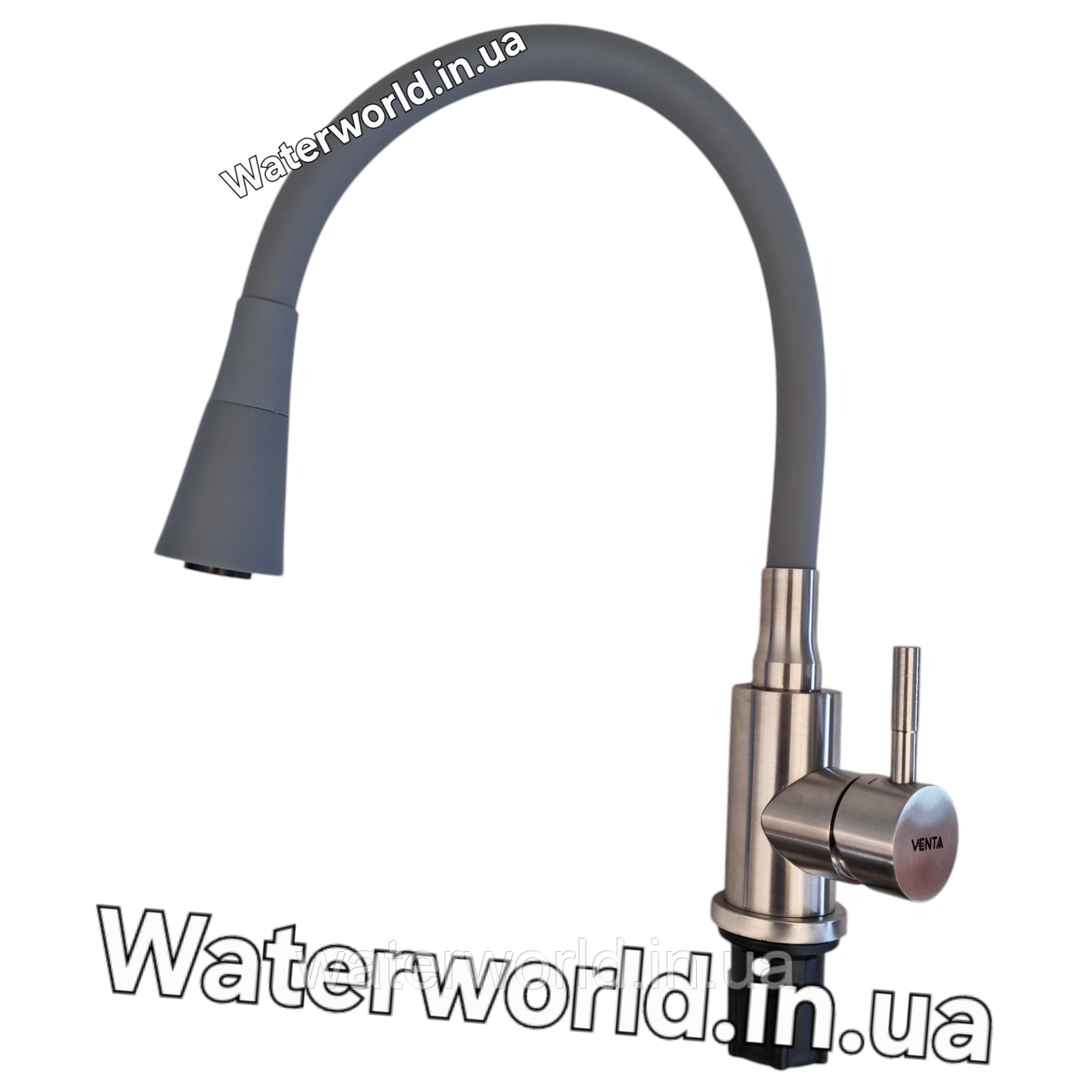 Змішувач для кухні на мийку з неіржавкої сталі з гнучким гусаком сірого кольору лійка два режими TM. Venta, фото 1