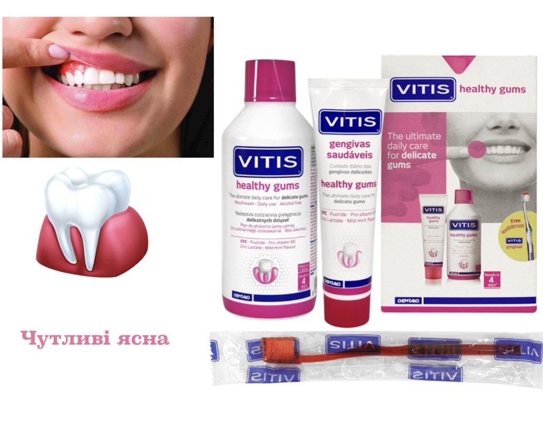 VITIS HEALTHY GUMS  НАБІР: ополіскувач 500 мл, зубна паста 100 мл + щітка VITIS GINGIVAL у подарунок