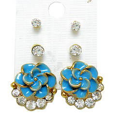 Набір Сережки Пишноцвіт Блакитний зі Стразами + Пусети Стрази 2 пари, Біжутерія