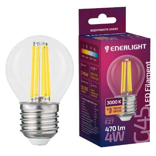Лампа G45 4W E27 3000K 220V Filament LED Enerlight