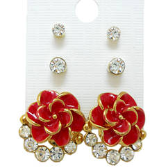 Набір Сережки Пишноцвіт Червоний зі Стразами + Пусети Стрази 2 пари, Біжутерія